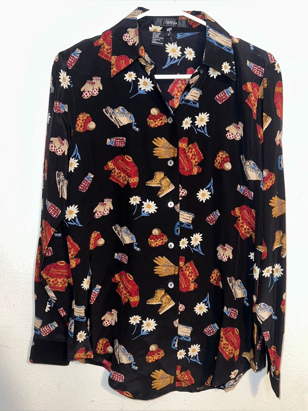ISHYU Black Silk Button Down Top Fall Print